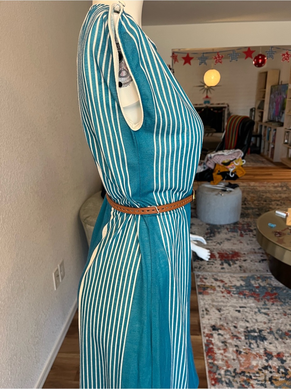 Women’s Teal Stripe Side-Panel Sheath Dress-fun disco style vintage. - Picture 4 of 5
